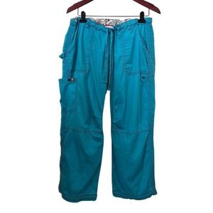 Koi Petite Cargo Scrub Pants Turquoise Blue Large L Drawstring Wide Leg Floral